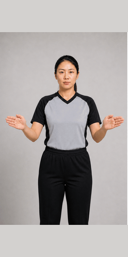 取消得分手势示意图:双臂在胸前像剪刀一样交叉摆动一次。