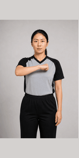 肘部摆动过大手势示意图:一只前臂横在胸前,手肘向身后摆动一次。