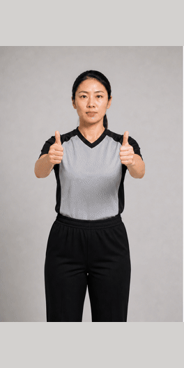 争球/跳球情况手势示意图:先竖起两个拇指,再指向交替拥有箭头决定的进攻方向。