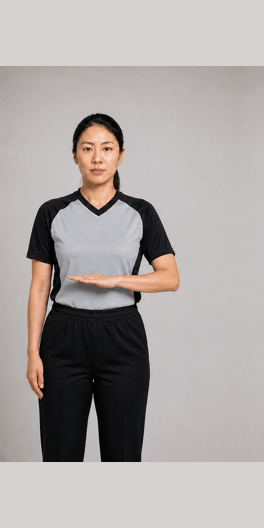 不罚球,掷界外球手势示意图:手掌张开,与边线平行指向进攻方向。