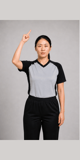 进攻计时钟复位手势示意图:伸出食指,手臂在头顶上方绕环。